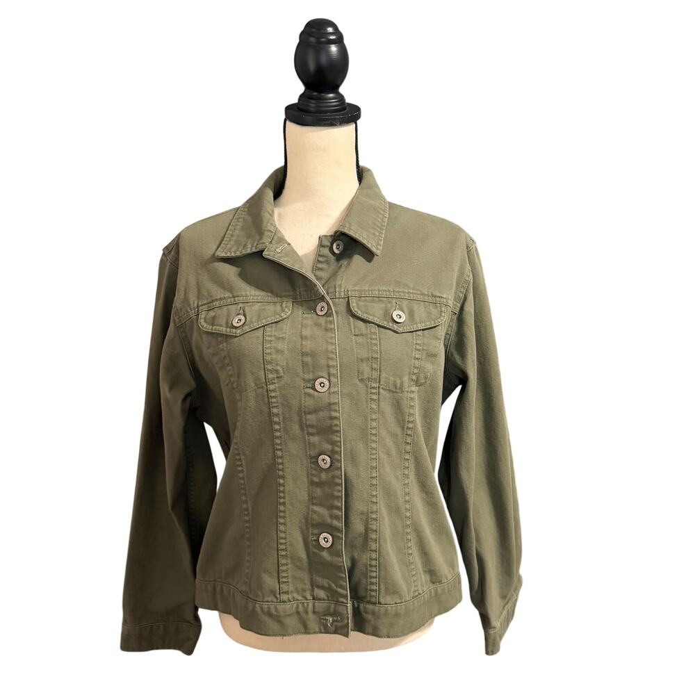 Eddie Bauer Wmns 100% Cotton Olive Green Denim Jean Jacket Sz M Classic Trucker